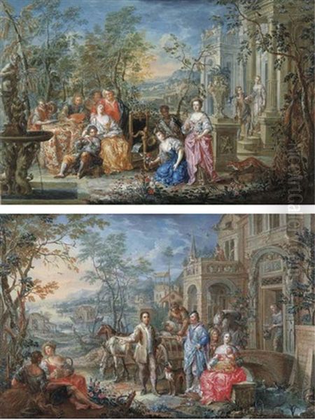 A Company Making Music In The Grounds Of A Country Villa (+ A Family Outside Their Villa With An Extensive River Landscape Beyond; Pair) Oil Painting by Johann Georg Platzer