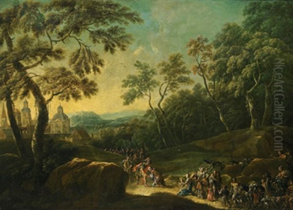 Die Begegnung Zwischen Jacob Und Esau In Einer Bewaldeten Landschaft, Im Hintergrund Eine Stadt Oil Painting by Johann Georg Platzer