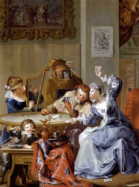 Musizierende Gesellschaft Auf Einer Schlossterrasse (+ Kartenspielendes Paar Mit Einer Harfenistin, Einem Kiebitz Und Einem Kleinen Mundschenk; Pair) Oil Painting by Johann Georg Platzer