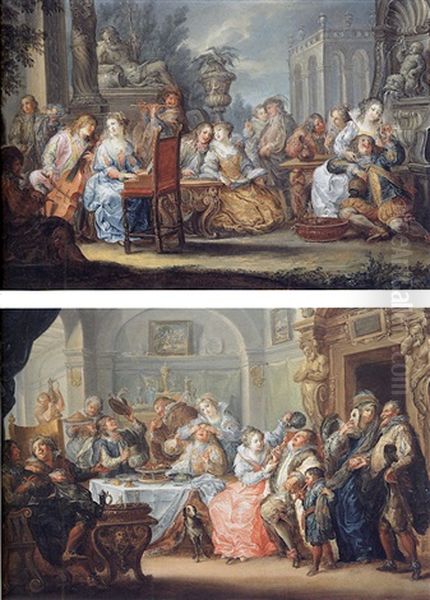 Interior With Elegant Figures In Masquerade Costume Feasting Oil Painting by Johann Georg Platzer