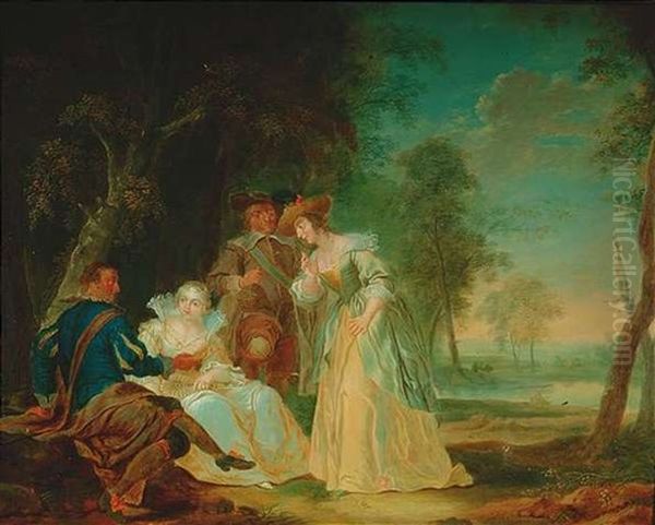 Zwei Vornehme Paare Beim Schaferstundchen Am Einem Waldrand Oil Painting by Johann Georg Platzer