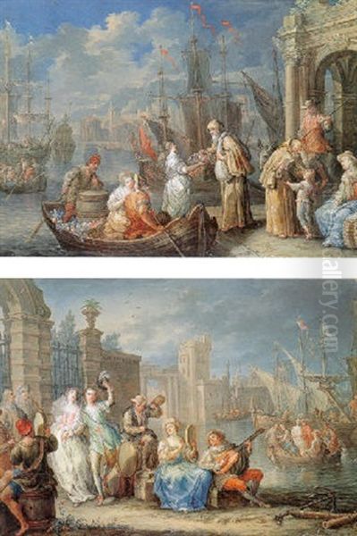 Revellers Dancing And Making Music Outside The Walls Of A Coastal Town Oil Painting by Johann Georg Platzer