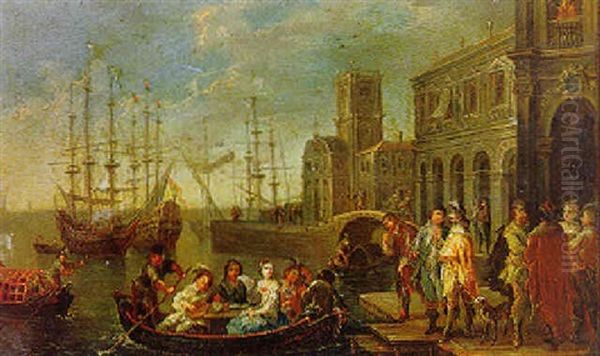 Port Scene With Elegant Figures Oil Painting by Johann Georg Platzer