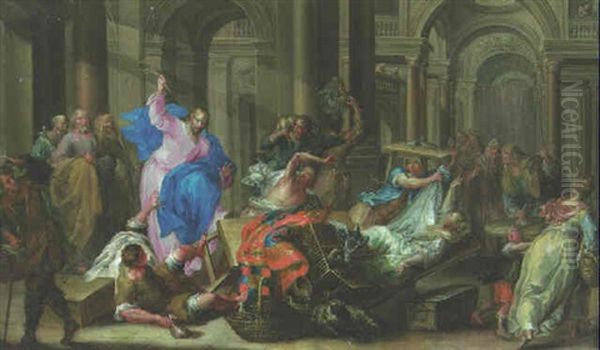 Christ Cleansing The Temple Oil Painting by Johann Georg Platzer