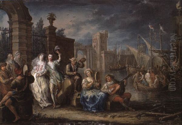 Travelers Dancing Beside The Walls Of A Coastal Town Oil Painting by Johann Georg Platzer