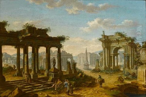 A Capriccio Of Ruins With Figures Resting Beneath A Classical Portico Oil Painting by Josef Platzer