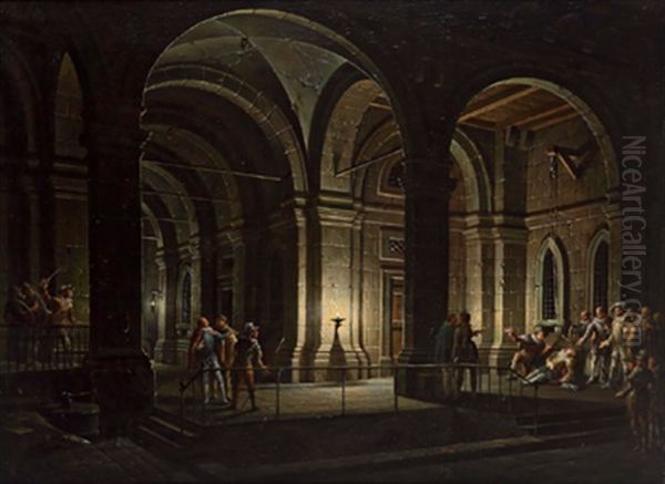 Phantastische Gefangnisarchitektur Mit Figuren Im Kostum Des 17. Jahrhunderts Oil Painting by Josef Platzer