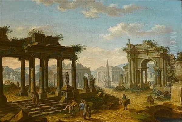 A Capriccio Of Ruins With Figures Resting Beneath A Classical Portico Oil Painting by Josef Platzer