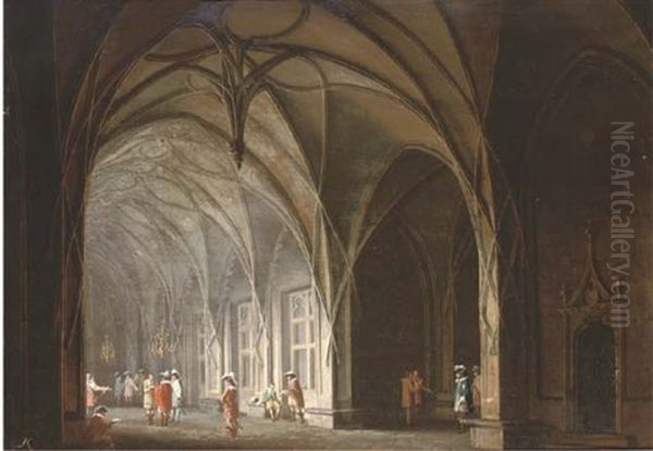 Cavaliers Conversing In A Gothic Atrium (+ A Prisoner In A Dungeon; Pair) Oil Painting by Josef Platzer