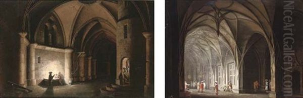 Cavaliers Conversing In A Gothic Atrium (+ A Prisoner In A Dungeon; Pair) Oil Painting by Josef Platzer