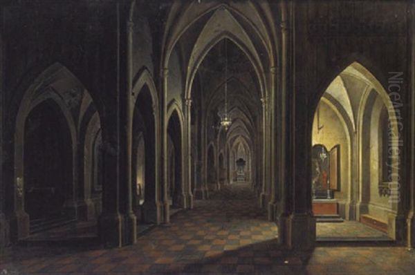 Das Innere Einer Gotischen Kirche Oil Painting by Josef Platzer