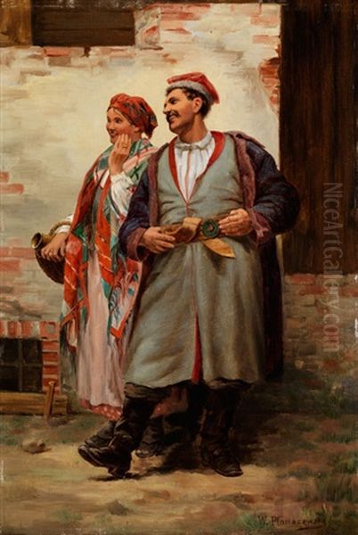 Polnisches Paar In Krakauer Tracht Oil Painting by Walery (Valery) Plauszewski