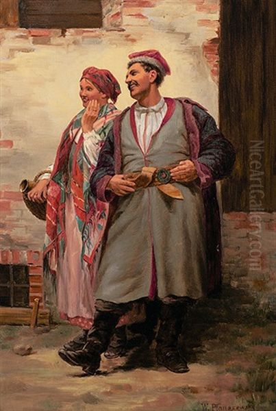 Junges Paar In Tracht Vor Einem Gehoft Oil Painting by Walery (Valery) Plauszewski