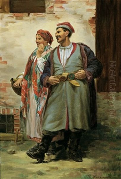 Polnisches Paar In Der Tracht Von Krakau Oil Painting by Walery (Valery) Plauszewski