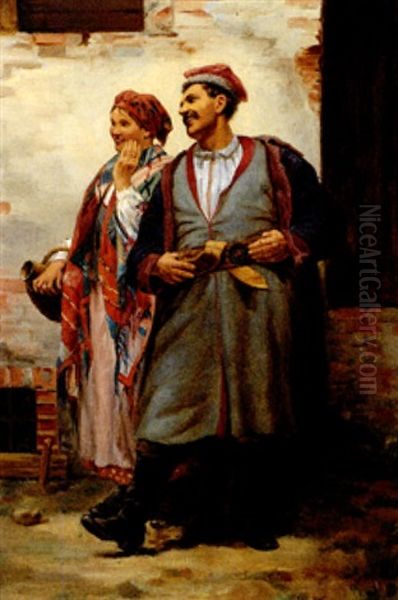 Junges Paar In Landlicher Tracht Oil Painting by Walery (Valery) Plauszewski