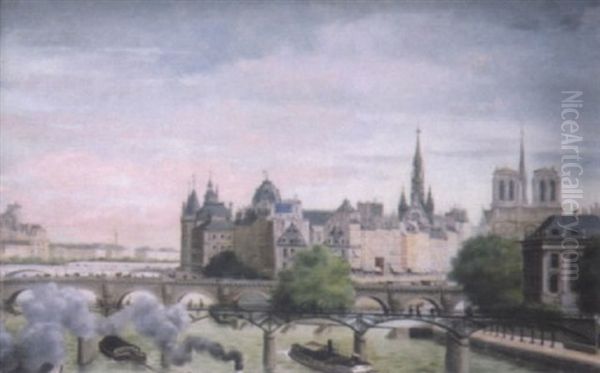 Ile De La Cite Oil Painting by Walery (Valery) Plauszewski