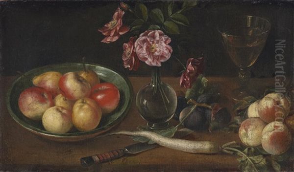 Still Life Of A Plate Of Apples Alongside A Radish, A Knife, Roses In A Glass Vase, A Wine Glass, Figs And More Apples On A Wooden Table Top Oil Painting by Joseph Plepp