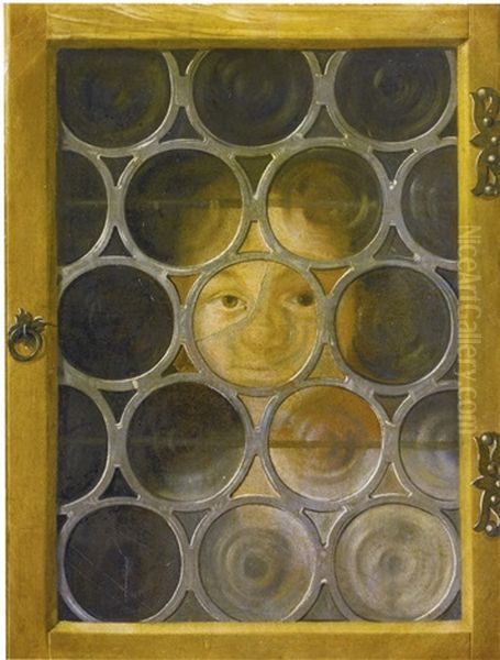 Trompe L'oeil Of A Boy's Face Through A Broken Leaded Window Oil Painting by Joseph Plepp