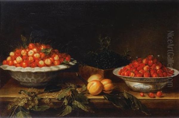 Nature Morte Au Plat De Cerises, Myrtilles, Fraises Des Bois, Abricots Et Groseilles A Maquereaux Sur Un Entablement De Marbre Oil Painting by Joseph Plepp