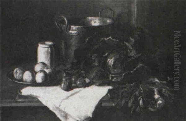 Stilleben Mit Kohlkopf, Messingkessel, Krug, Apfeln Und Tomaten Oil Painting by George Pletser