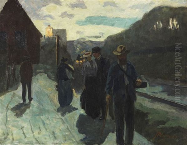 Stuttgarter Westbahnhof In Der Abenddammerung Oil Painting by Hermann Pleuer