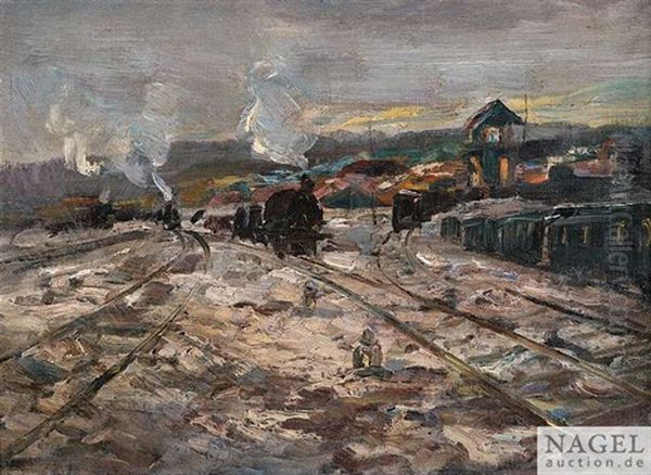 Bahnhof Mit Blockwarterhaus Und Einfahrenden Zugen Oil Painting by Hermann Pleuer