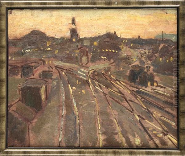 Stuttgarter Bahnhof Am Abend Oil Painting by Hermann Pleuer