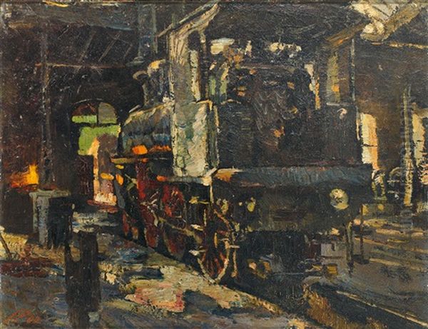 Dampflokomotive In Einem Bahnhof Oil Painting by Hermann Pleuer