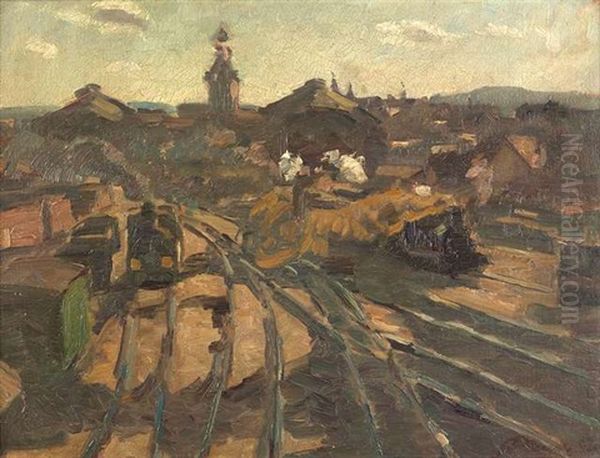 Vor Den Einfahrtshallen Des Alten Stuttgarter Bahnhofs Oil Painting by Hermann Pleuer