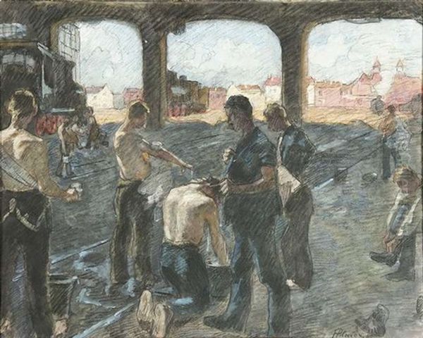 Feierabend In Der Lokomotivhalle (study For Feierabend?) Oil Painting by Hermann Pleuer