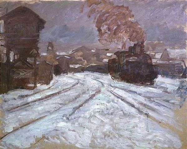 Stuttgarter Hauptbahnhof Im Schnee Oil Painting by Hermann Pleuer