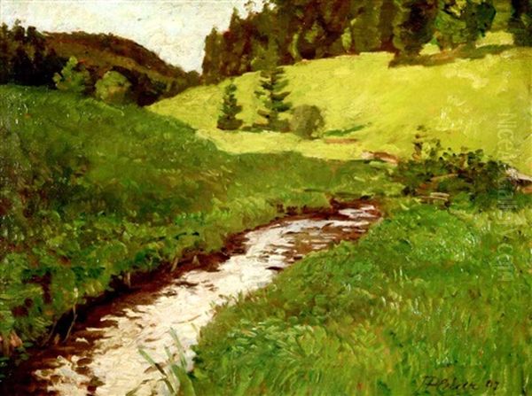 Schwabische Fruhlingslandschaft Mit Bachlauf Oil Painting by Hermann Pleuer