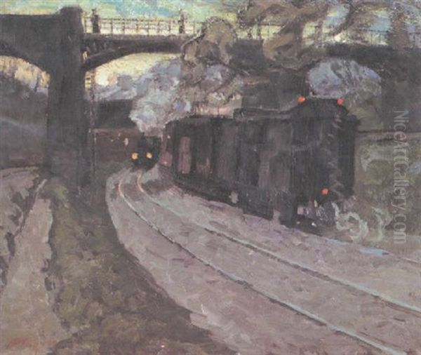 Eisenbahn Bei Dammerung Oil Painting by Hermann Pleuer