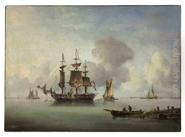 Ships In A Calm Bay Oil Painting by Ary Pleyssier