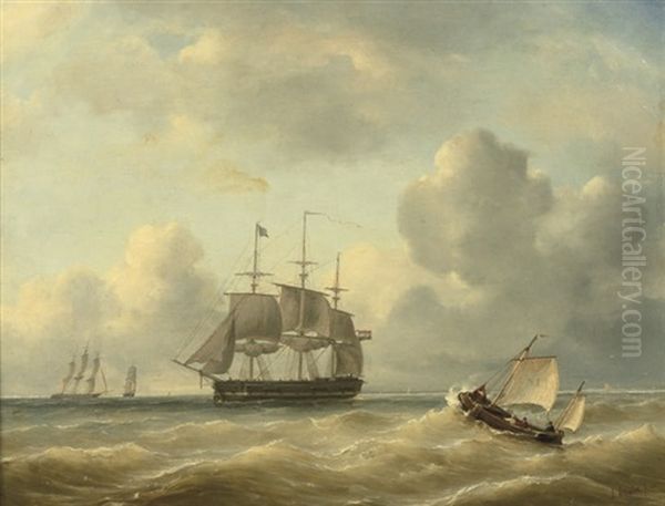 A Three-master At Sea Oil Painting by Ary Pleyssier