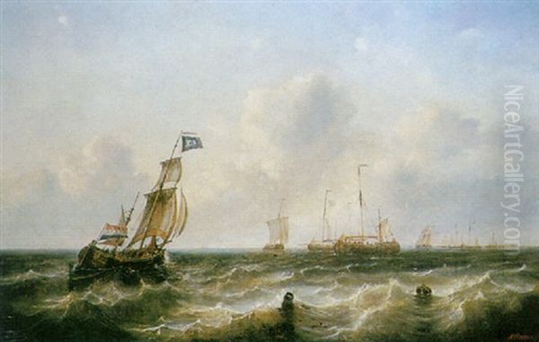 Tjalken On The River Shelde Oil Painting by Ary Pleyssier