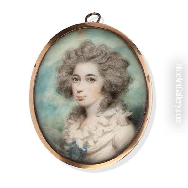 A Portrait Miniature Of A Lady Wearing A White Dress, Her Frilled Chemise Tied With Blue Ribbon, Her Powdered Hair Worn A La Conseilleur Oil Painting by Andrew Plimer