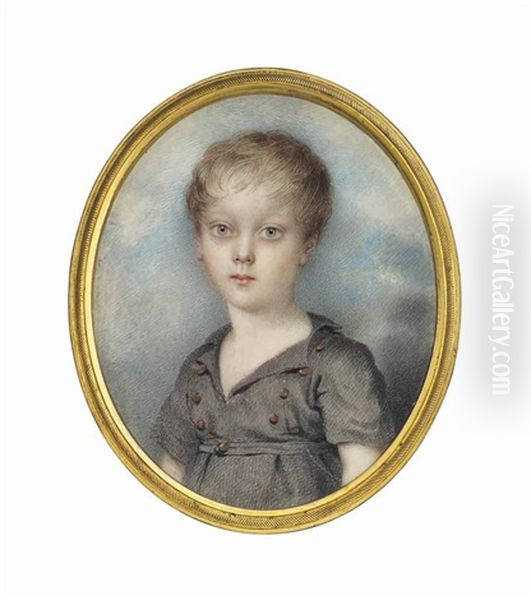 Master Andrew Plimer, The Artist's Son, In Grey Tunic With Gold Buttons, Curling Fair Hair; Sky Background Oil Painting by Andrew Plimer