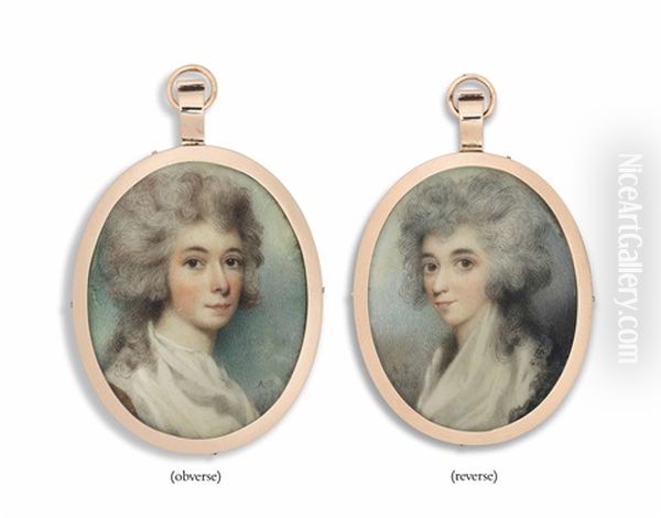 A Double-sided Portrait Miniature Of Two Ladies, One Possibly Sinclair Winter, In White Dresses With Powdered Hair Oil Painting by Andrew Plimer