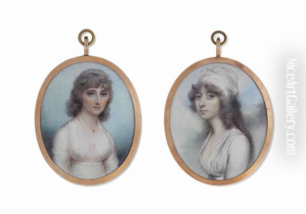 A Young Lady, In White Dress, Wearing A White Turban; Together With A Lady In White Dress, Wearing A Gold Necklace (by Anne Mee, Nee Foldsone, British, - 1851) Oil Painting by Andrew Plimer