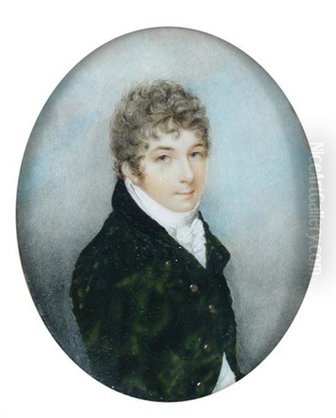 A Portrait Miniature Of A Gentleman, He Wears A Green Coat With Brass Buttons And Black Velvet Collar And White Tied Stock Oil Painting by Andrew Plimer