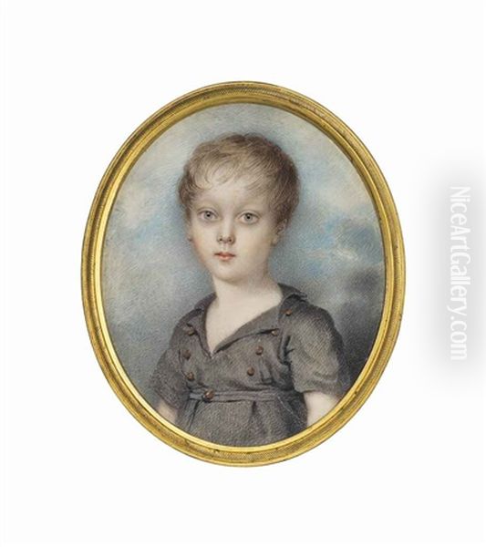 Master Andrew Plimer, The Artist's Son, In Grey Tunic With Gold Buttons, Curling Fair Hair; Sky Background Oil Painting by Andrew Plimer