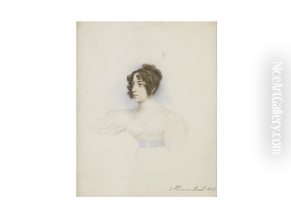 A Lady, Probably The Artist's Second Daughter, Joanna Plimer (1803-1846), Wearing White Dress With Pale Blue Sash To Her Waist, Her Dark Hair Upswept With Ringlets Framing Her Face Oil Painting by Andrew Plimer