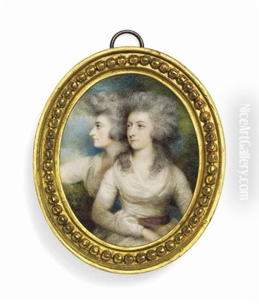 Two Young Ladies, Called Elizabeth Osborn, Nee Bannister (1747-1773), In A Landscape, In White Dresses, One With Pink Sash, One With Blue Sash Oil Painting by Andrew Plimer