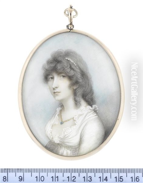 Frances Doyle (d.1806) Nee Rainsford, Wearing White Dress With Frilled Trim, A Turquoise Pendant On A Gold Chain Suspended From Her Neck... Oil Painting by Andrew Plimer