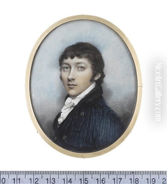 A Young Gentleman, Wearing Dark Blue Coat With Black Collar, White Frilled Chemise, Stock And Cravat Oil Painting by Andrew Plimer