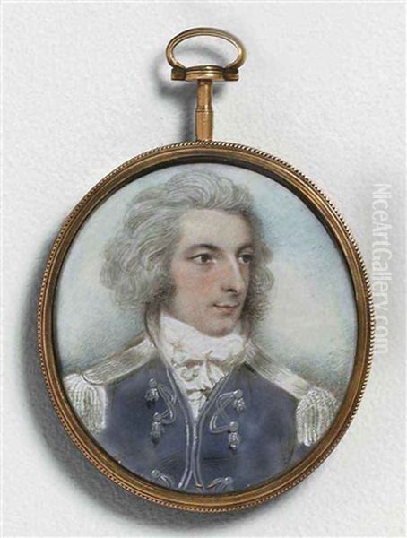 A Young Officer, In Blue-gray Coat With Silver Facings And Epaulettes, Frilled White Cravat, Powdered Hair, Sky Background Oil Painting by Andrew Plimer