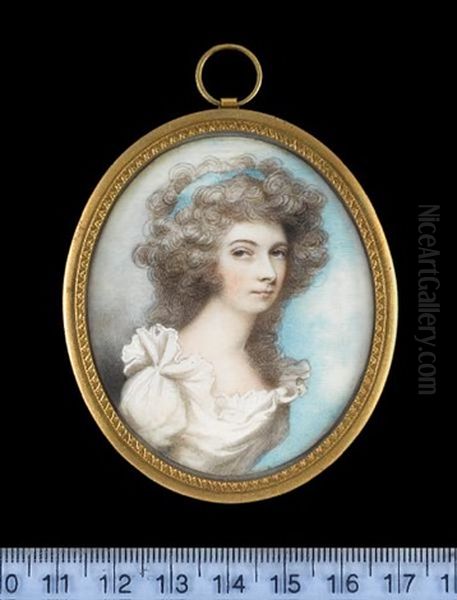 A Lady, Called Mrs Jenny Pigott, Wearing White Dress With Frilled Collar And Blue Bandeau In Her Powdered Hair Oil Painting by Andrew Plimer