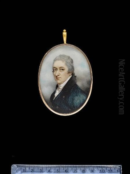 A Gentleman Called George Robert Boehm Berney, Wearing Green-blue Coat With Brass Buttons, White Waistcoat And Cravat, His Powdered Hair Worn En Queue With A Small Black Ribbon Oil Painting by Andrew Plimer