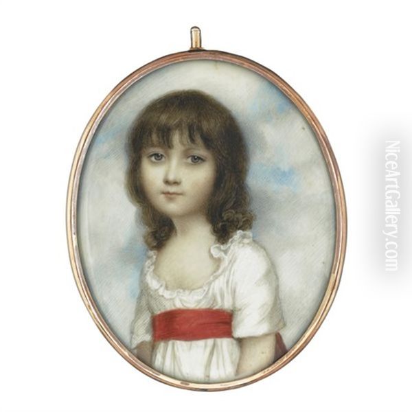 Portrait Of Miss Meliora Butter Wearing A White Dress And Red Sash Oil Painting by Andrew Plimer